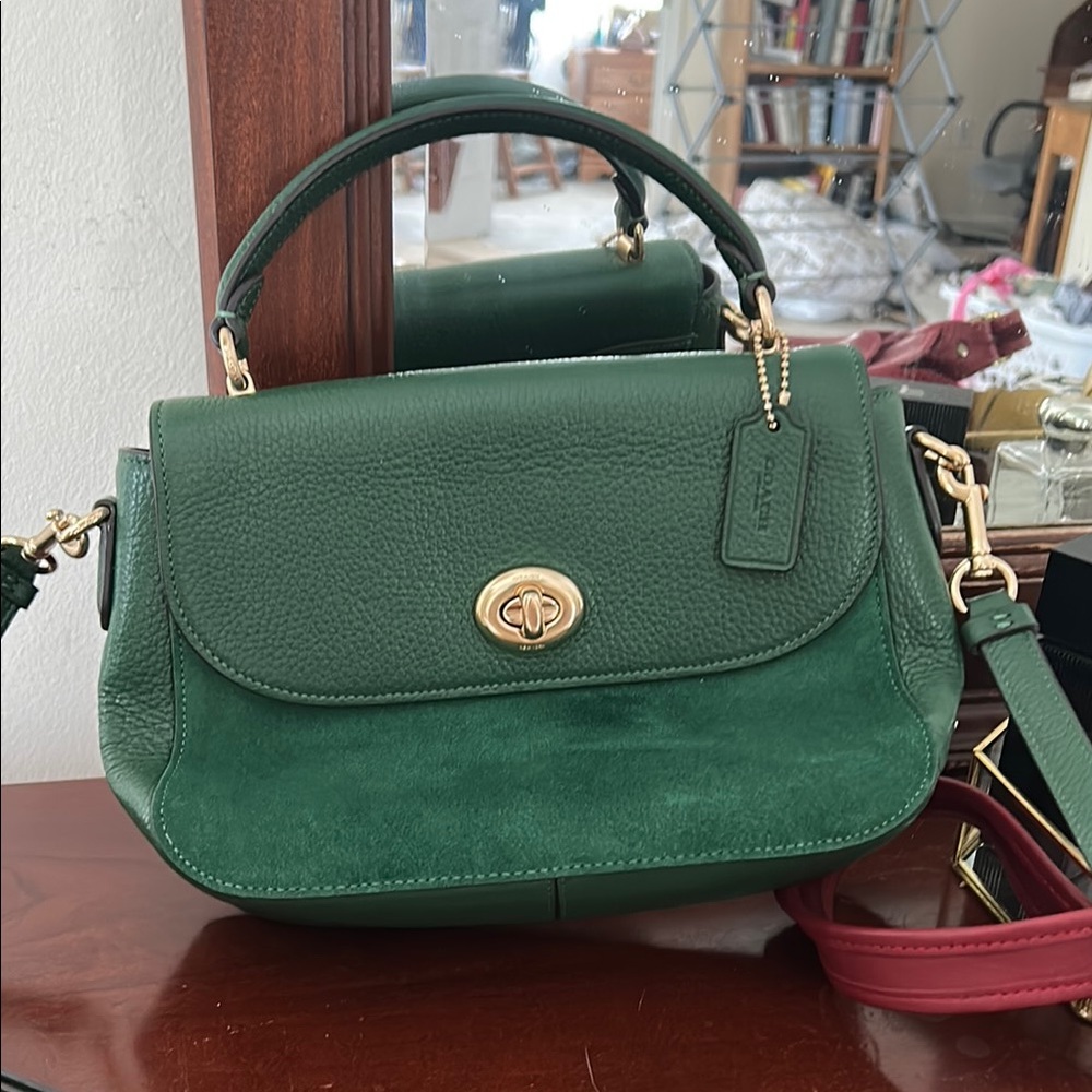 Coach Green Satchel with Gold Turn-Lock and Detachable Strap